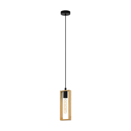 Tarnenne wooden pendant light with a rectangular brown wood frame around a black steel E27 lampholder, hung from a black cord and ceiling rose on a plain white background.