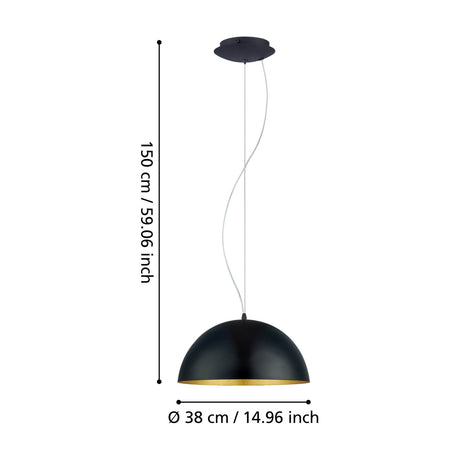 Tarvena Pendant Light 38cm dome shade in black with gold-leaf interior, round black ceiling canopy, shown with height and diameter dimensions on a white background.