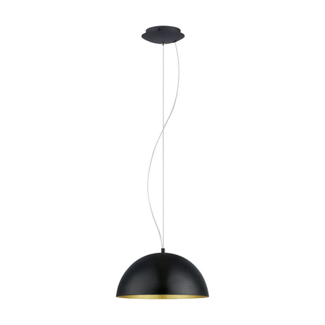 Tarvena 38cm dome pendant light with a smooth black steel shade and gold-leaf inner lining, suspended by white cables from a round black ceiling canopy on a plain white background.