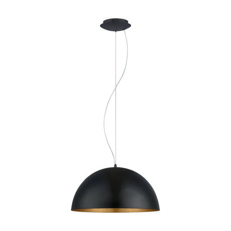 Tarvena Pendant Light 53cm in black steel with a gold-leaf lined dome shade, round black ceiling plate, and suspension cable, shown on a plain white background.