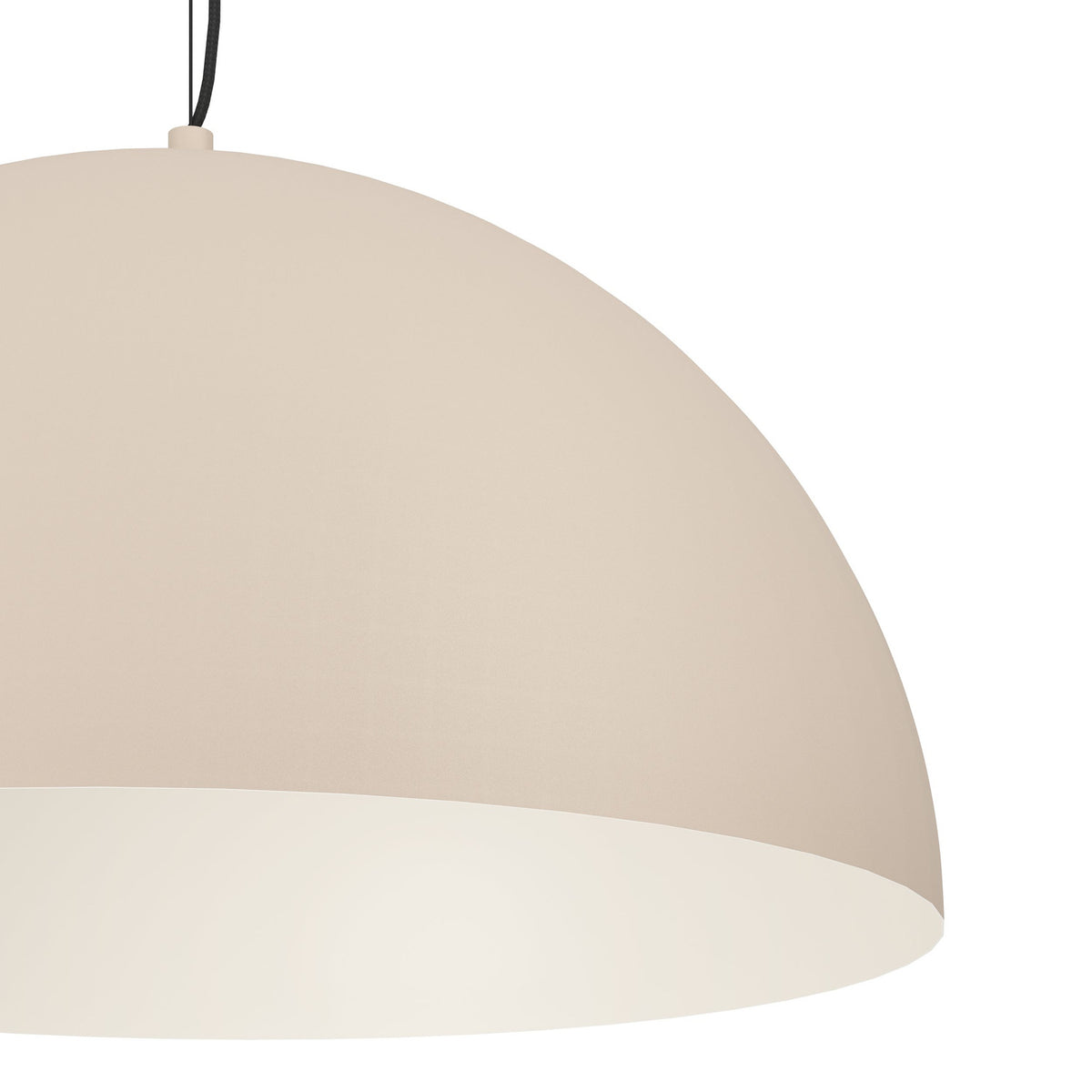 Tarvena Pendant Light close-up showing a wide steel dome shade in sand with a cream interior, hung from a slim black cable on a plain white background.