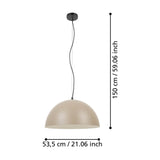 Tarvena Pendant Light with a wide steel dome shade in sand with a cream interior, black ceiling canopy and cable, shown with size markers of 53.5cm width and 150cm height on a white background.