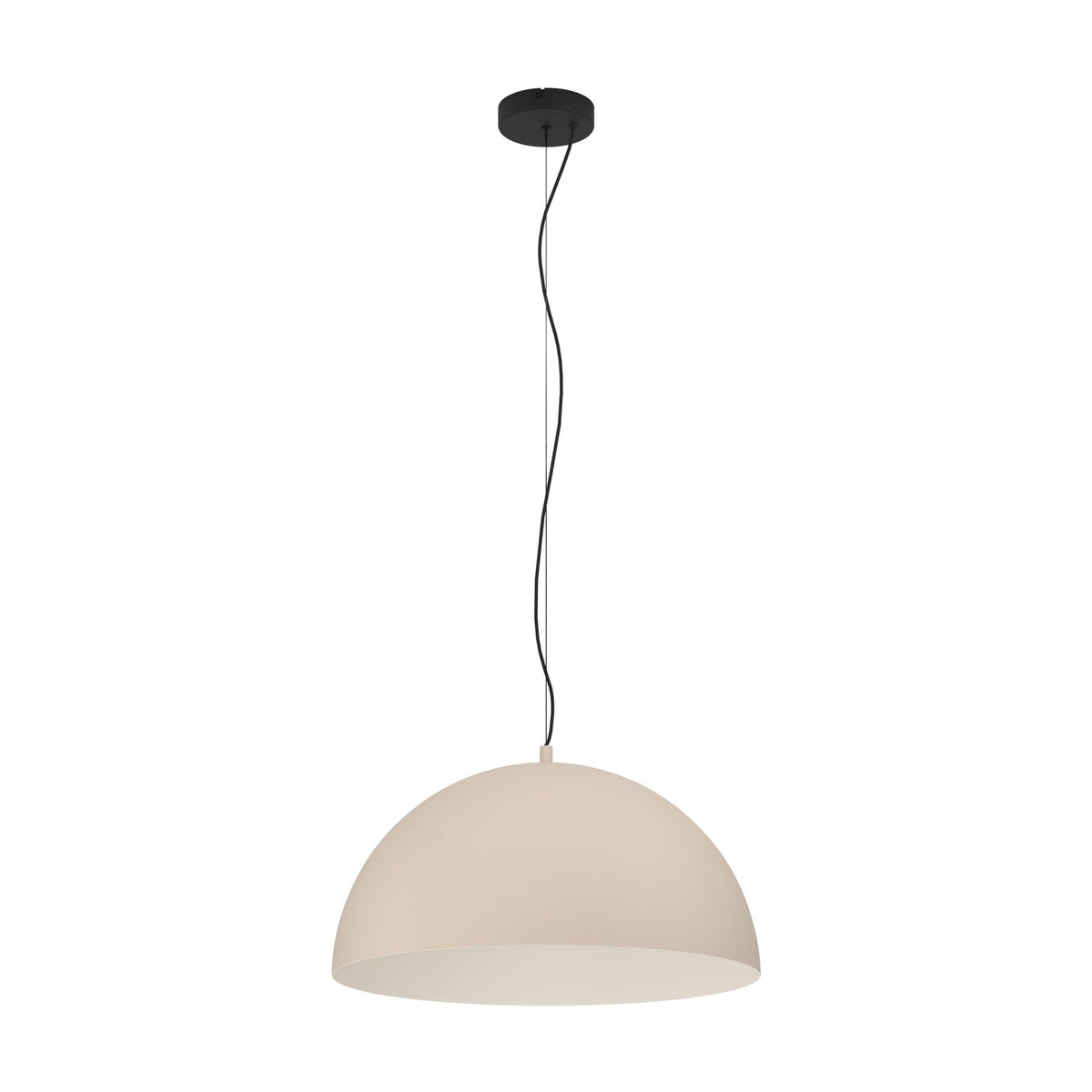 Tarvena Pendant Light featuring a wide steel dome shade in sand with a cream interior, suspended on a black cable from a round black ceiling canopy, shown on a plain white background.