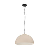 Tarvena Pendant Light featuring a wide steel dome shade in sand with a cream interior, suspended on a black cable from a round black ceiling canopy, shown on a plain white background.