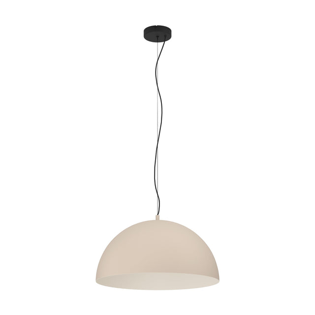 Tarvena Pendant Light featuring a wide steel dome shade in sand with a cream interior, suspended on a black cable from a round black ceiling canopy, shown on a plain white background.