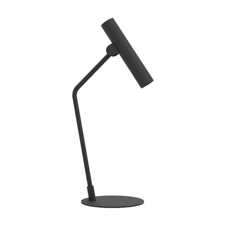 Tasmenne LED Table Lamp in black steel with a bent stem, pivoting cylindrical spot head, and round disc base, shown on a plain white background.