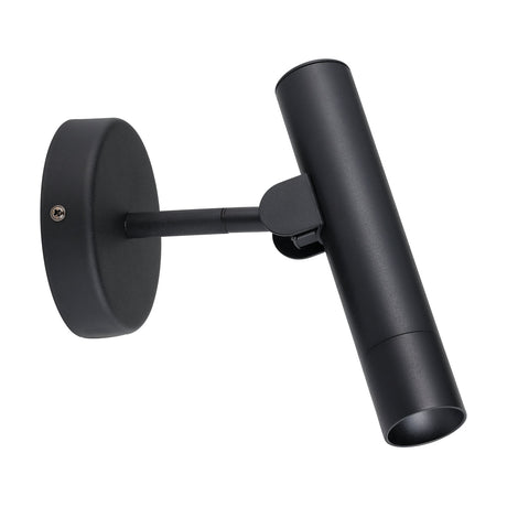 Tasmenne LED Wall Light in black with a round steel wall plate, short arm and adjustable cylindrical spotlight head, shown on a plain white background.