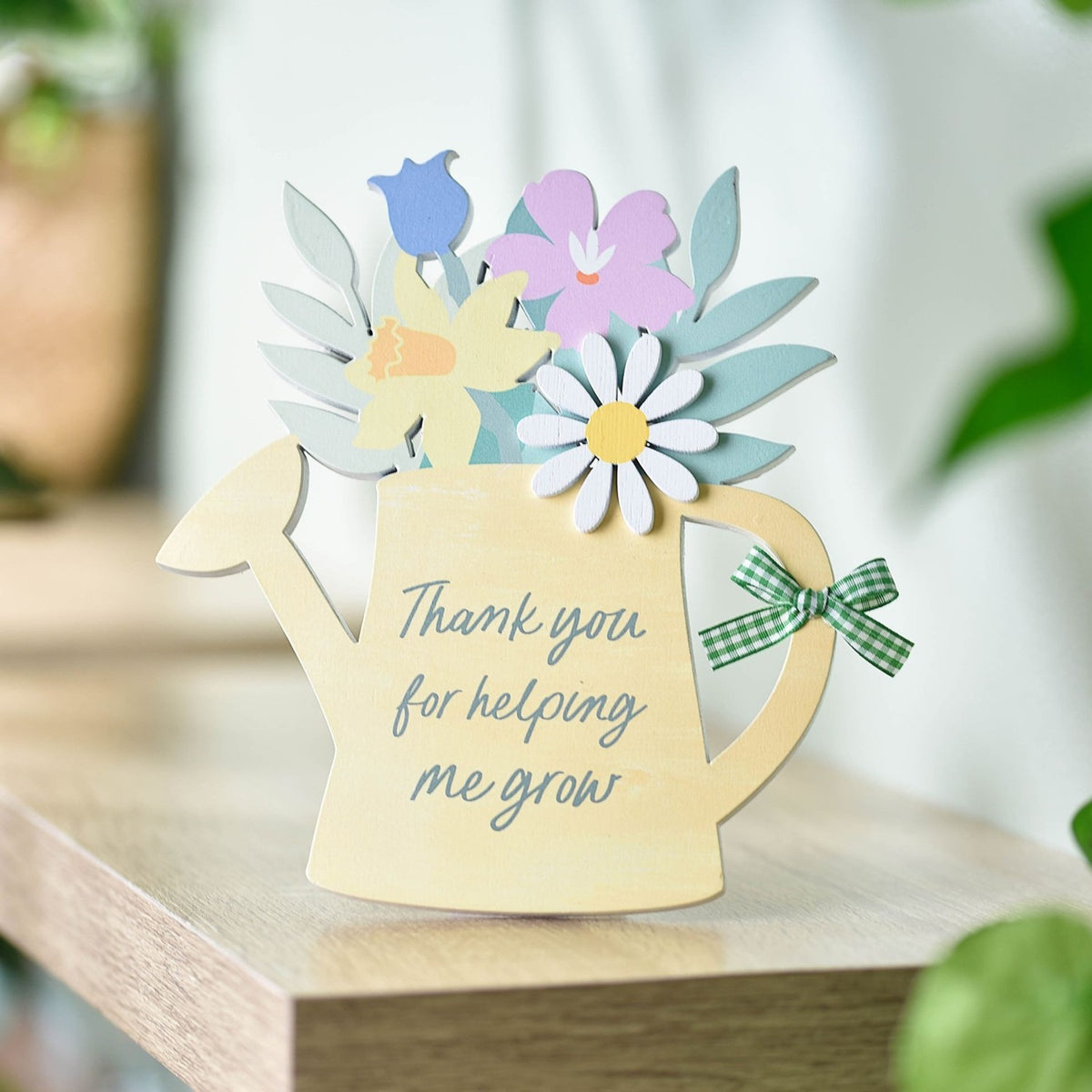 Thank You Watering Can Wooden Plaque with Stand - Yellow