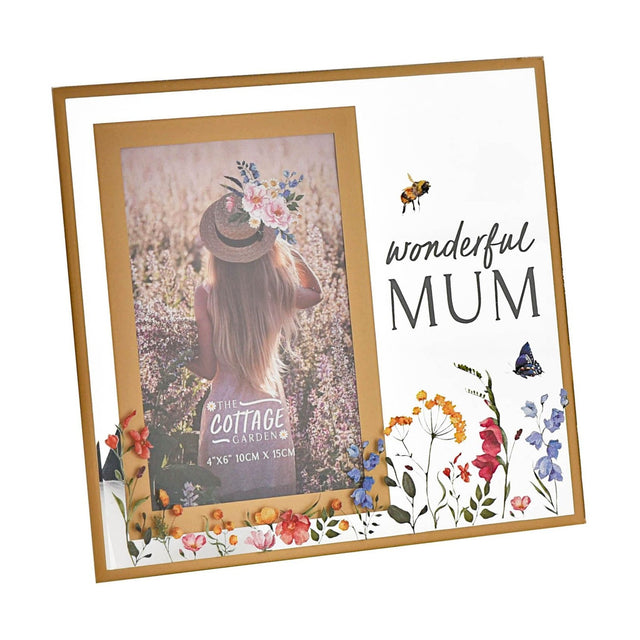 Glass photo frame with gold border holding a 6 x 4in portrait photo, "wonderful MUM" text, wildflowers, a bee and a butterfly on a clear glass panel.