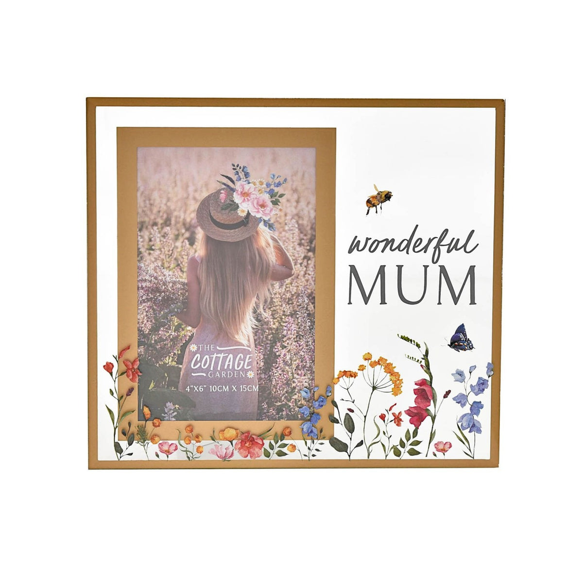 Glass photo frame with gold border holding a 6x4in portrait photo, "wonderful MUM" text, and painted wildflowers, bee and butterfly along the base, on a white background.