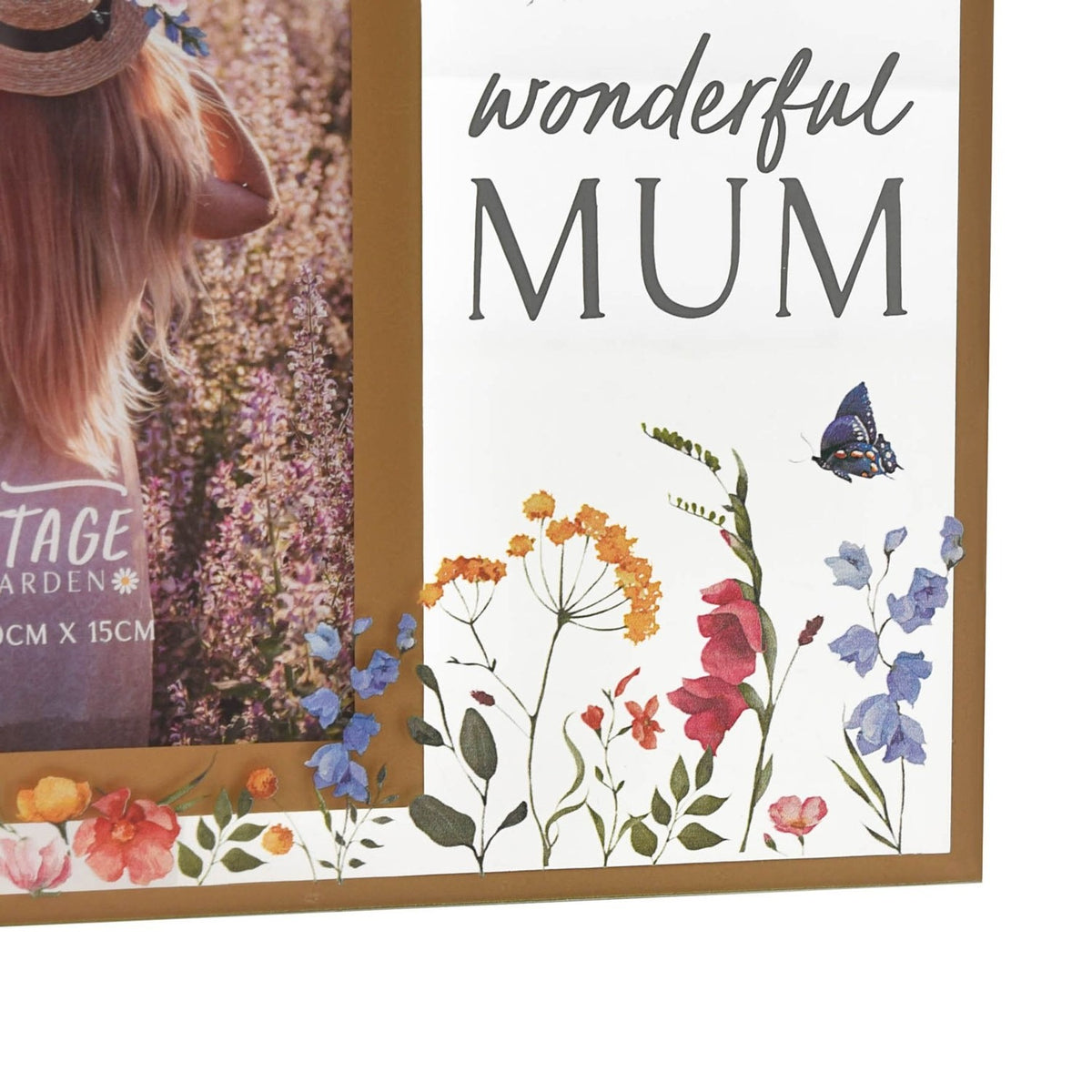 Mum Wildflower Glass Photo Frame, 6 x 4in, with "wonderful MUM" text, wildflowers and a butterfly in gold on a clear glass panel beside the photo opening.