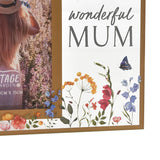 Mum Wildflower Glass Photo Frame, 6 x 4in, with "wonderful MUM" text, wildflowers and a butterfly in gold on a clear glass panel beside the photo opening.