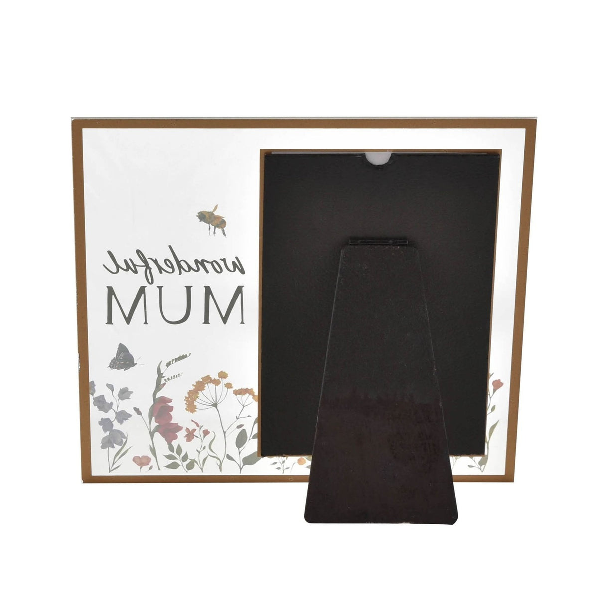 Rear view of the Mum Wildflower Glass Photo Frame showing a dark easel stand on a glass panel with gold trim, set against a plain white background.