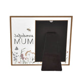 Rear view of the Mum Wildflower Glass Photo Frame showing a dark easel stand on a glass panel with gold trim, set against a plain white background.