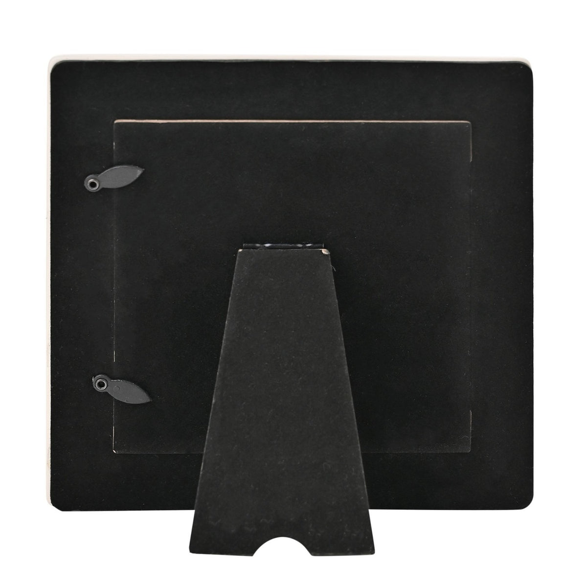 Rear view of the Wildflower Ceramic Photo Frame in white, showing a black velvet-lined back panel, fold-out easel stand, and hanging hooks, on a plain white background.
