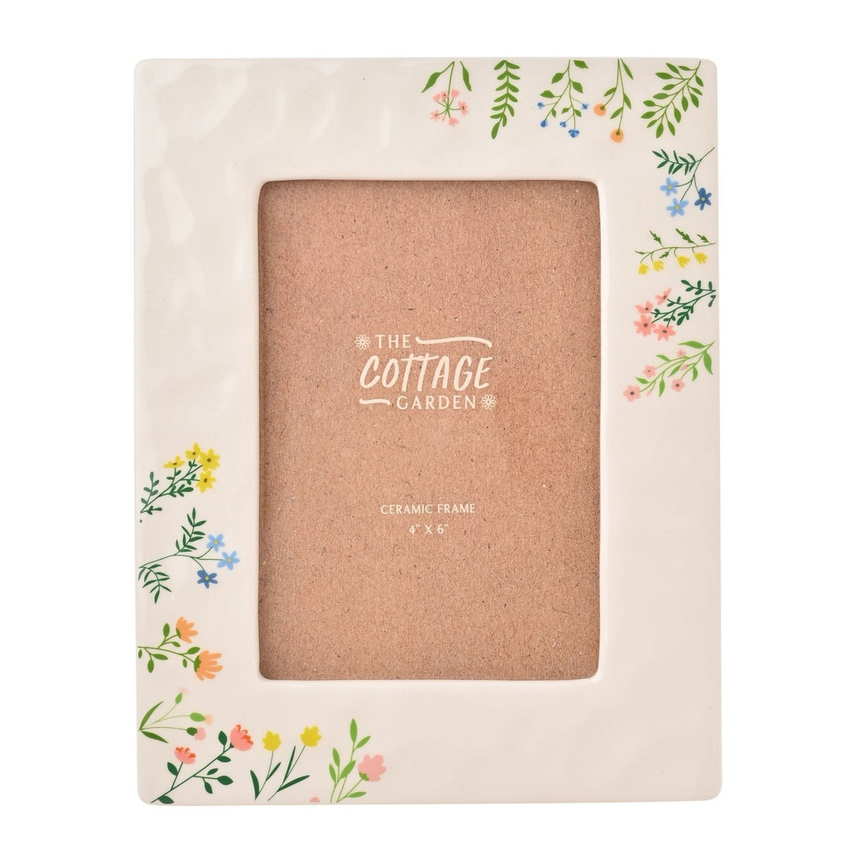 White ceramic photo frame with wildflower and leafy sprig details in pink, yellow and blue, holding a 4 x 6in photo, shown on a plain background.