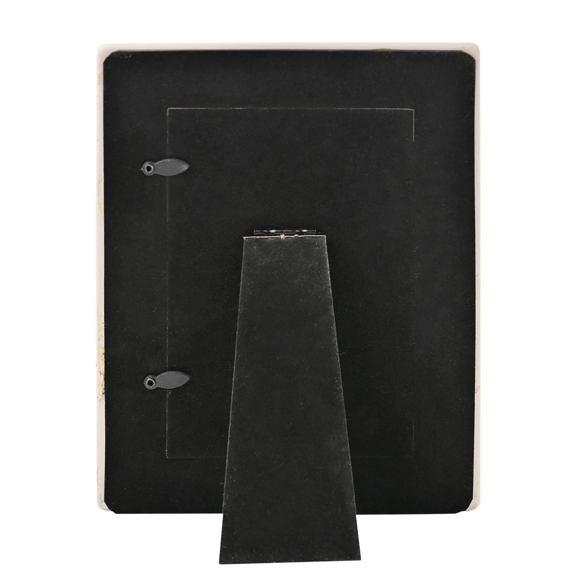 Rear view of the Wildflower ceramic photo frame in white, showing a black easel stand and two hanging hooks on a plain background.