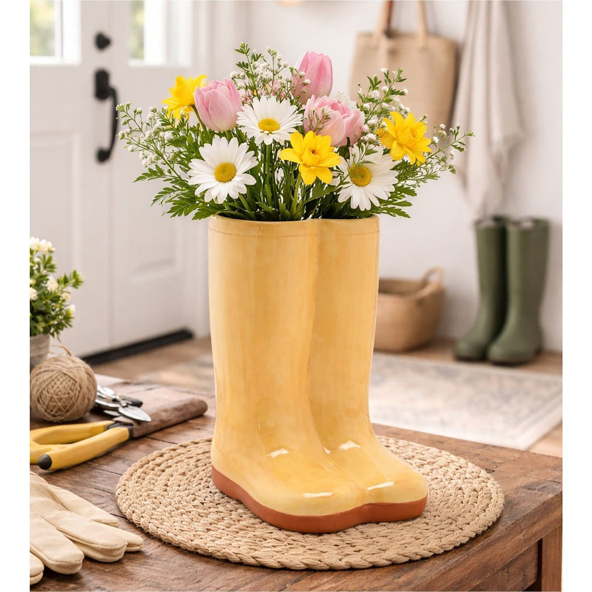 Pair of Wellies Large Glazed Ceramic Flower Vase - Yellow