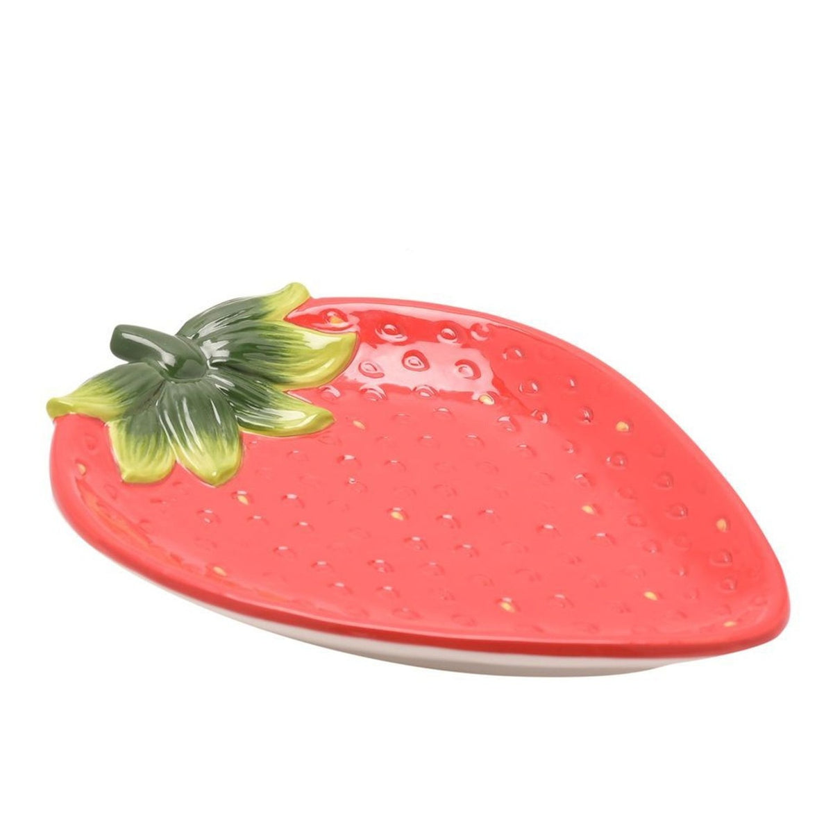 Strawberry Stoneware Plate with Raised Green Leaves - Red