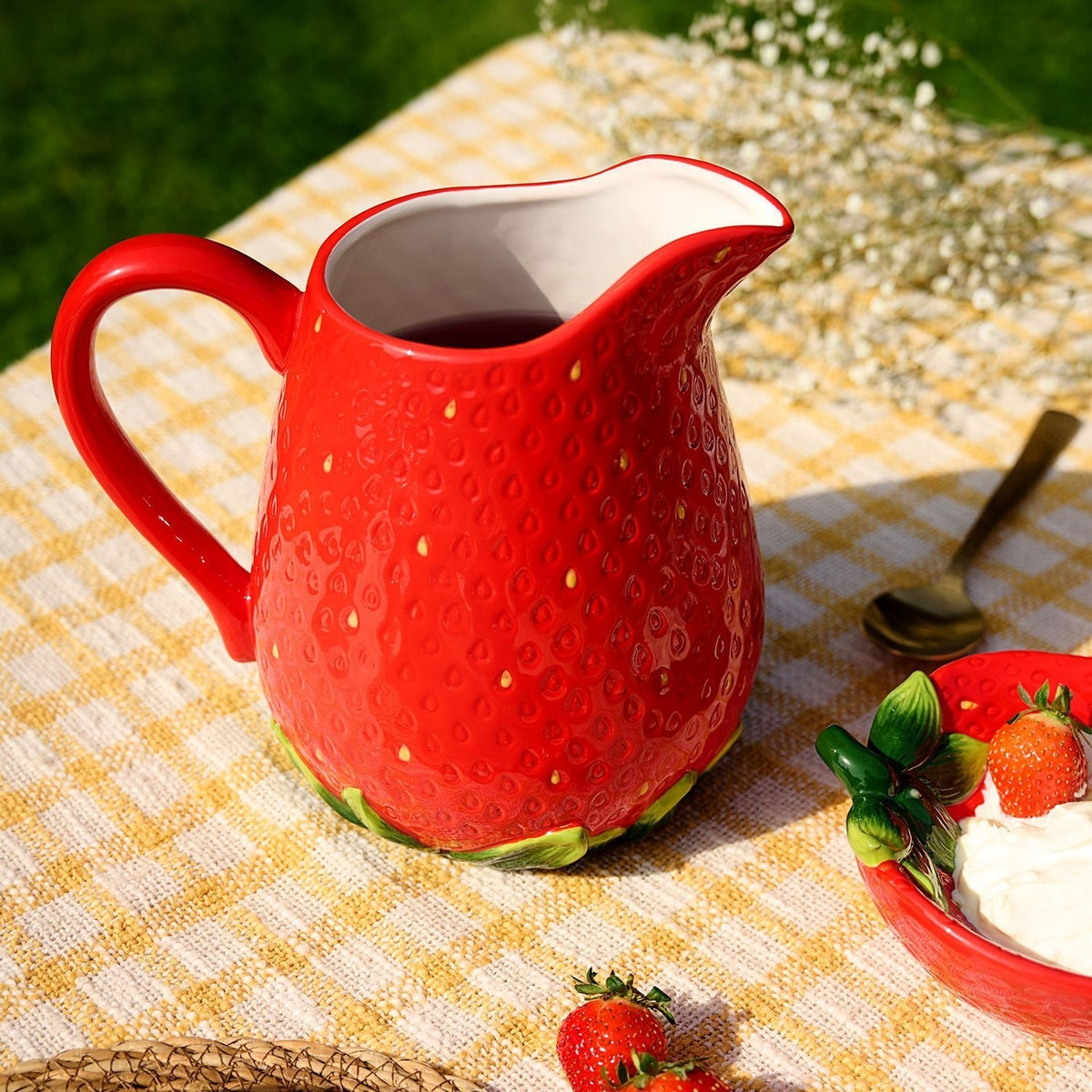 Textured Strawberry Stoneware Jug with Green Leaf Base - Red