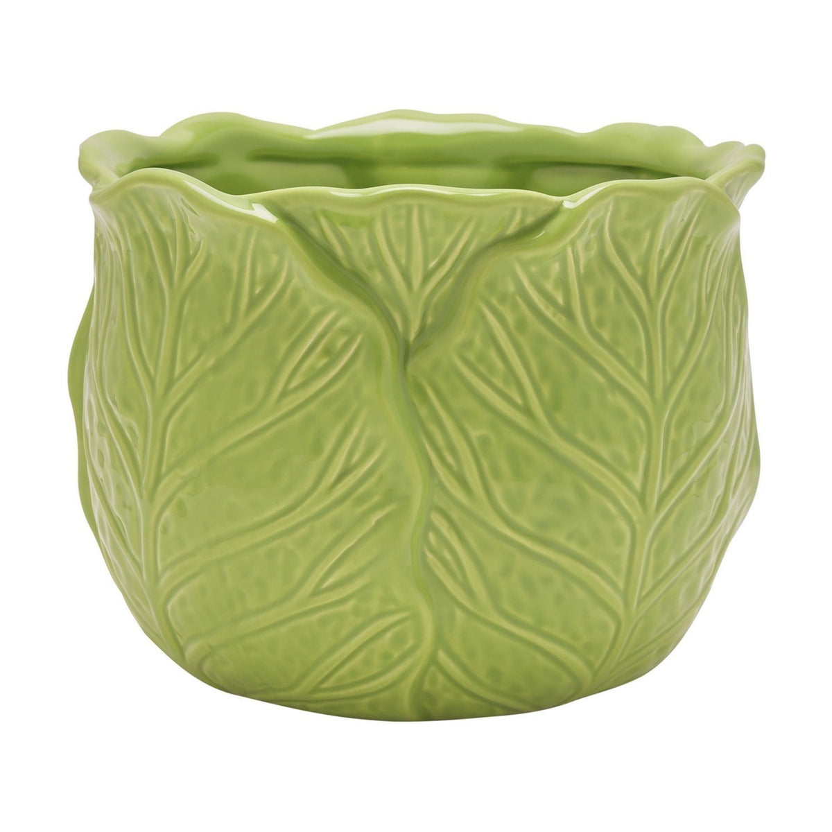 Small round stoneware planter shaped like a cabbage, with moulded green leaves and raised veins wrapping the sides below a scalloped rim, glossy glaze, on a plain white background.