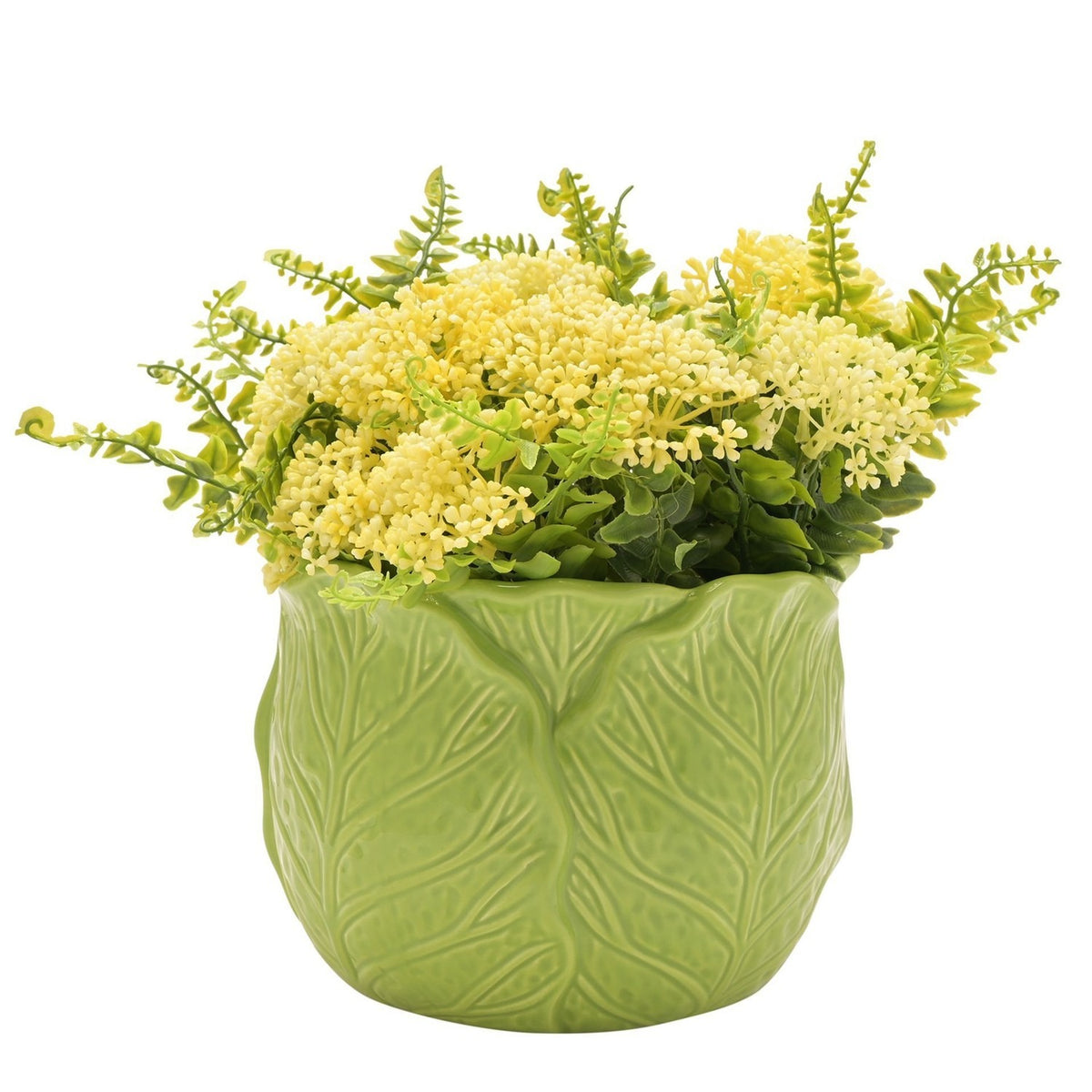 Small round green glazed stoneware planter with moulded cabbage leaf relief and scalloped rim, planted with yellow flowers and greenery, on a white background.
