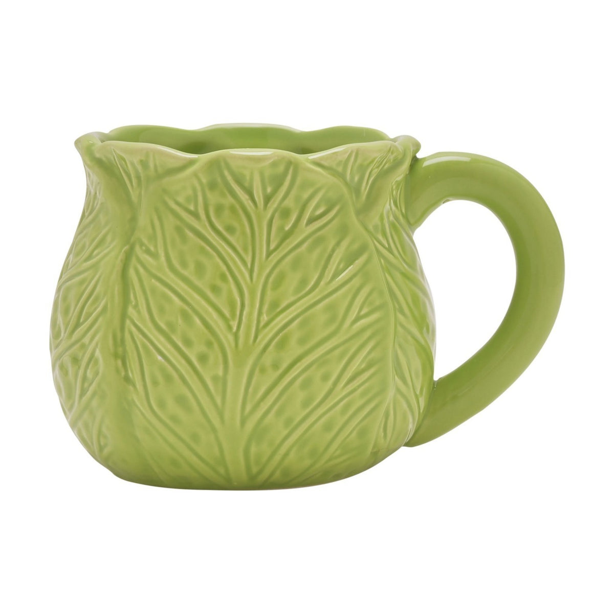 Embossed Cabbage Leaf Ceramic Mug with Wavy Rim - Green