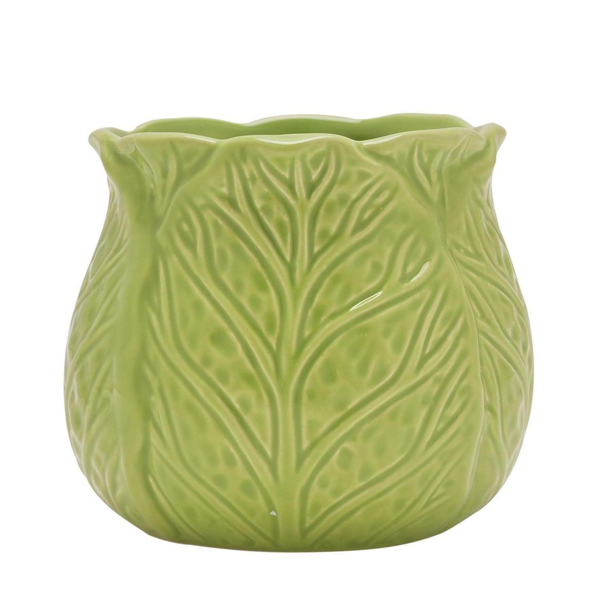 Embossed Cabbage Leaf Ceramic Mug with Wavy Rim - Green