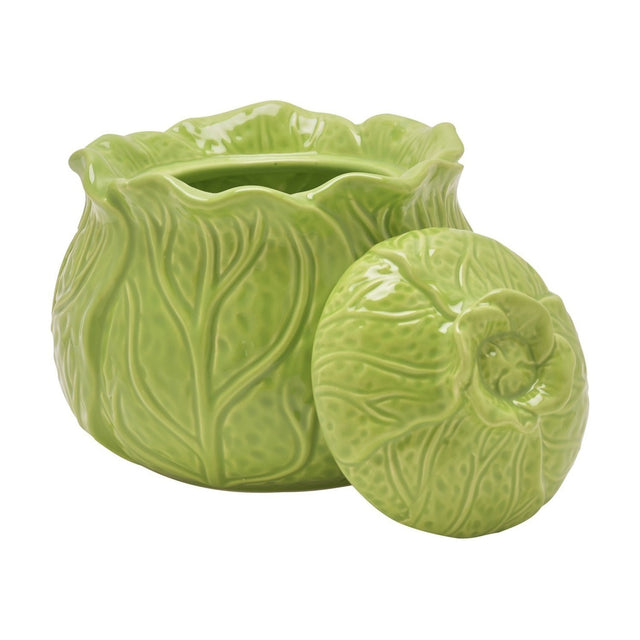 Round green ceramic storage jar moulded as a cabbage, with wavy overlapping leaves and veined texture, shown with its domed lid resting beside it on a white background.