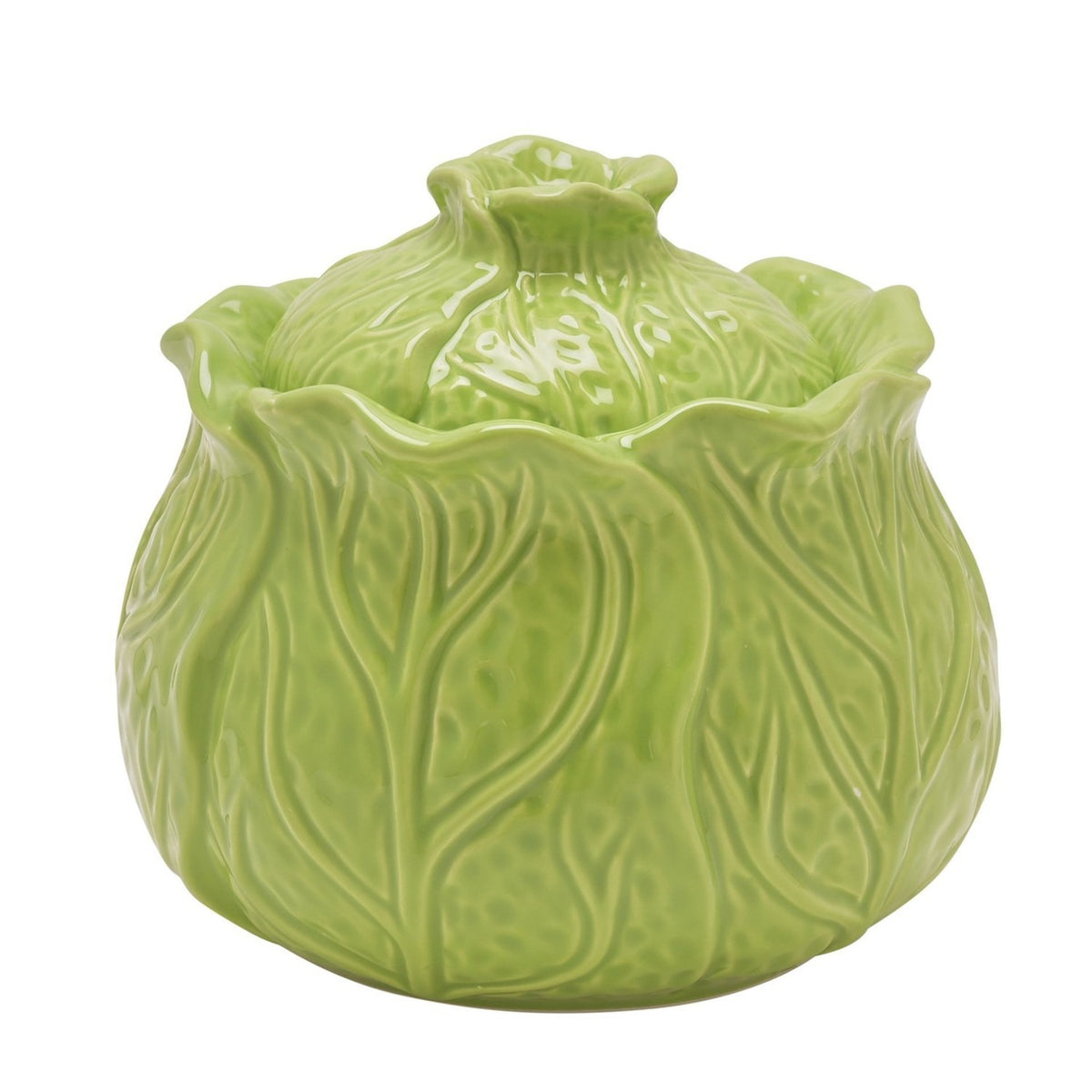 Green glazed stoneware storage jar shaped like a cabbage, with veined, overlapping leaf details and a domed lid topped by a stalk knob, set against a plain white background.