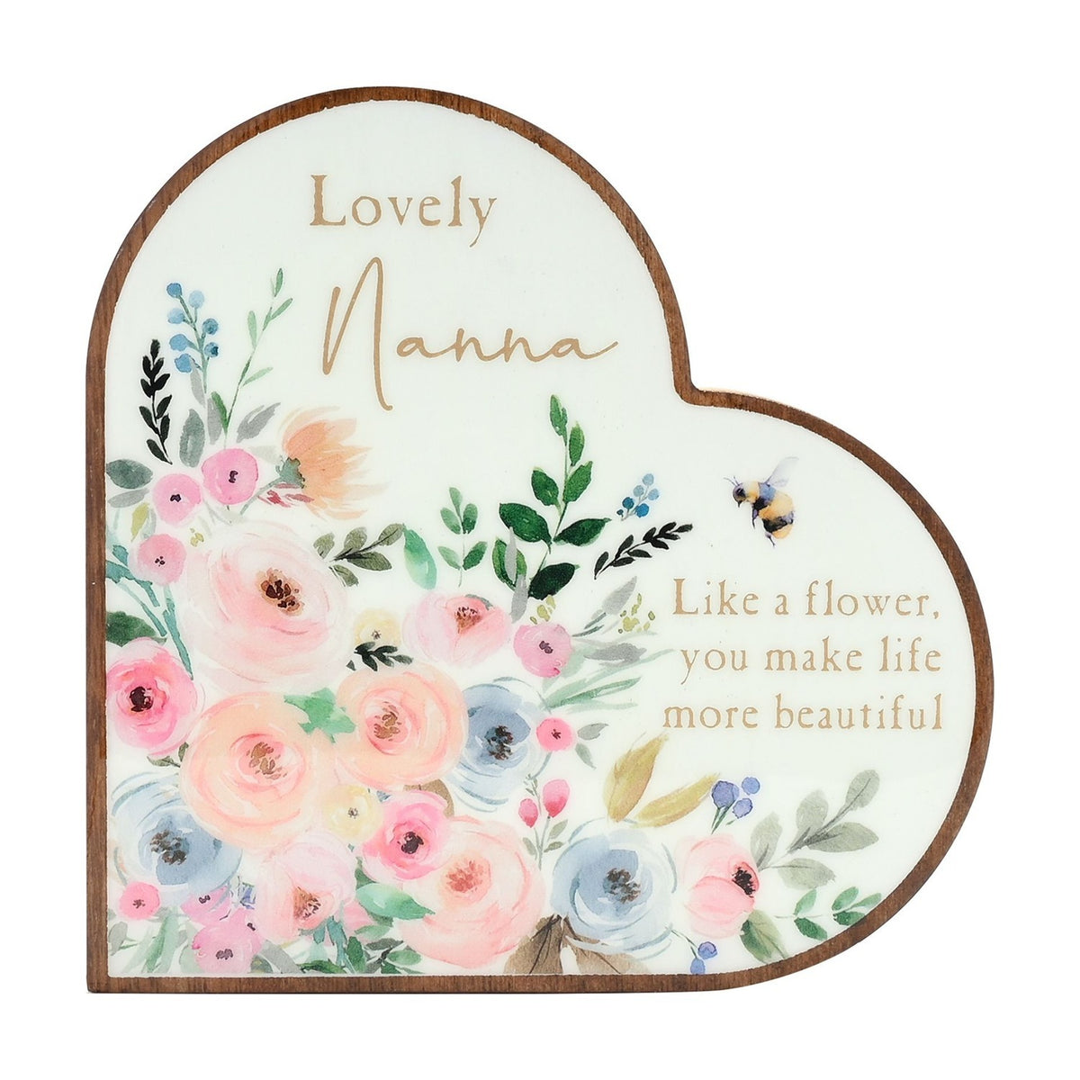 Wooden heart-shaped mantel plaque in white with pastel pink, peach and blue florals, "Lovely Nanna" text and a bee detail, shown on a plain background.
