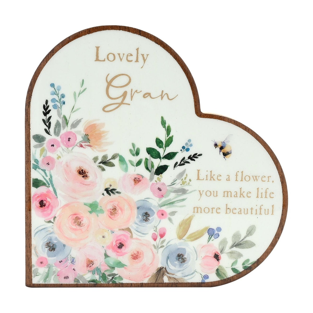 Lovely Gran Floral Bee Heart Wooden Mantel Plaque - White