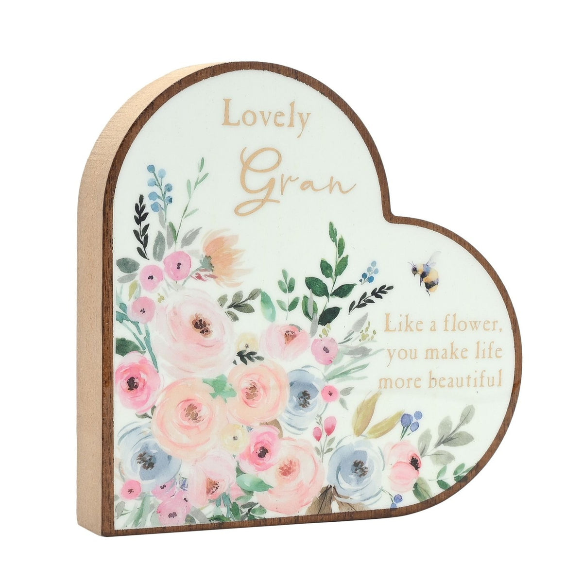 Lovely Gran Floral Bee Heart Wooden Mantel Plaque - White