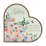 Sisters Floral and Bee Heart Wooden Mantel Plaque - White