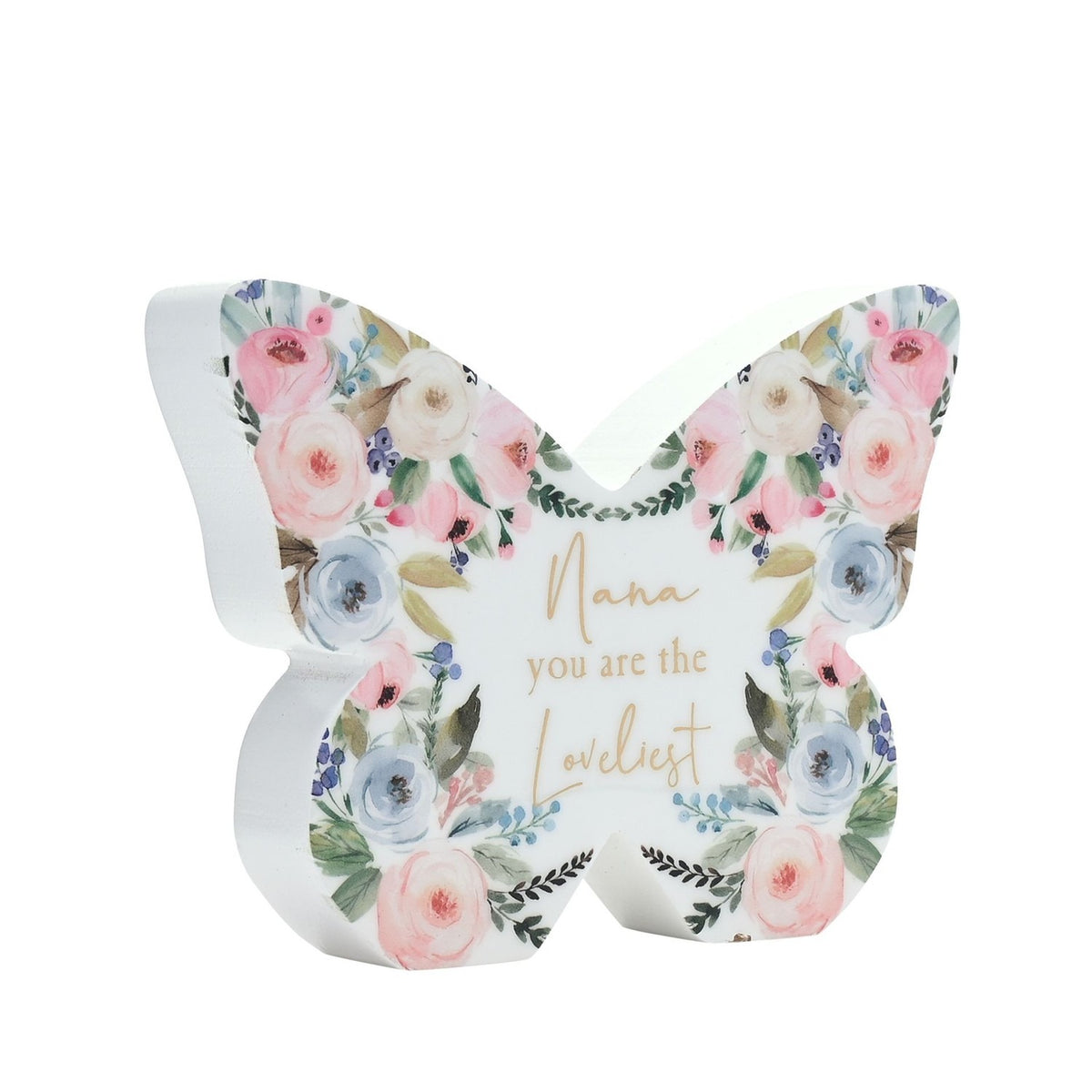 Nana Floral Print Butterfly Wooden Mantel Decoration - White