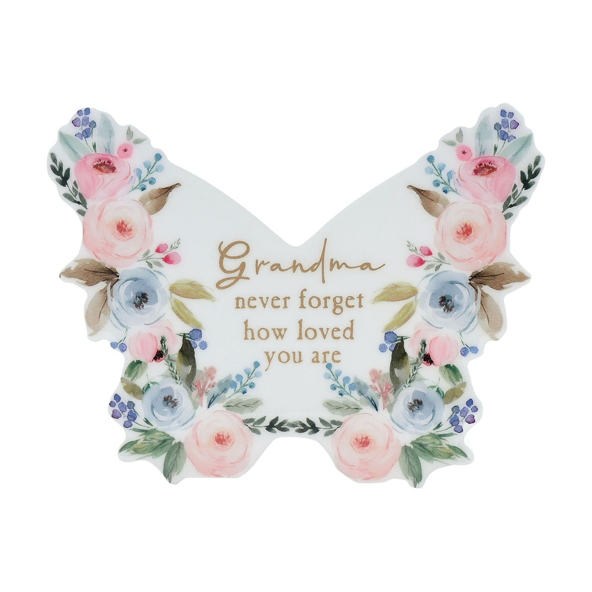 White wooden butterfly-shaped mantel decoration with pink and blue watercolour florals, gold "Grandma never forget how loved you are" text, glossy finish, on a plain background.