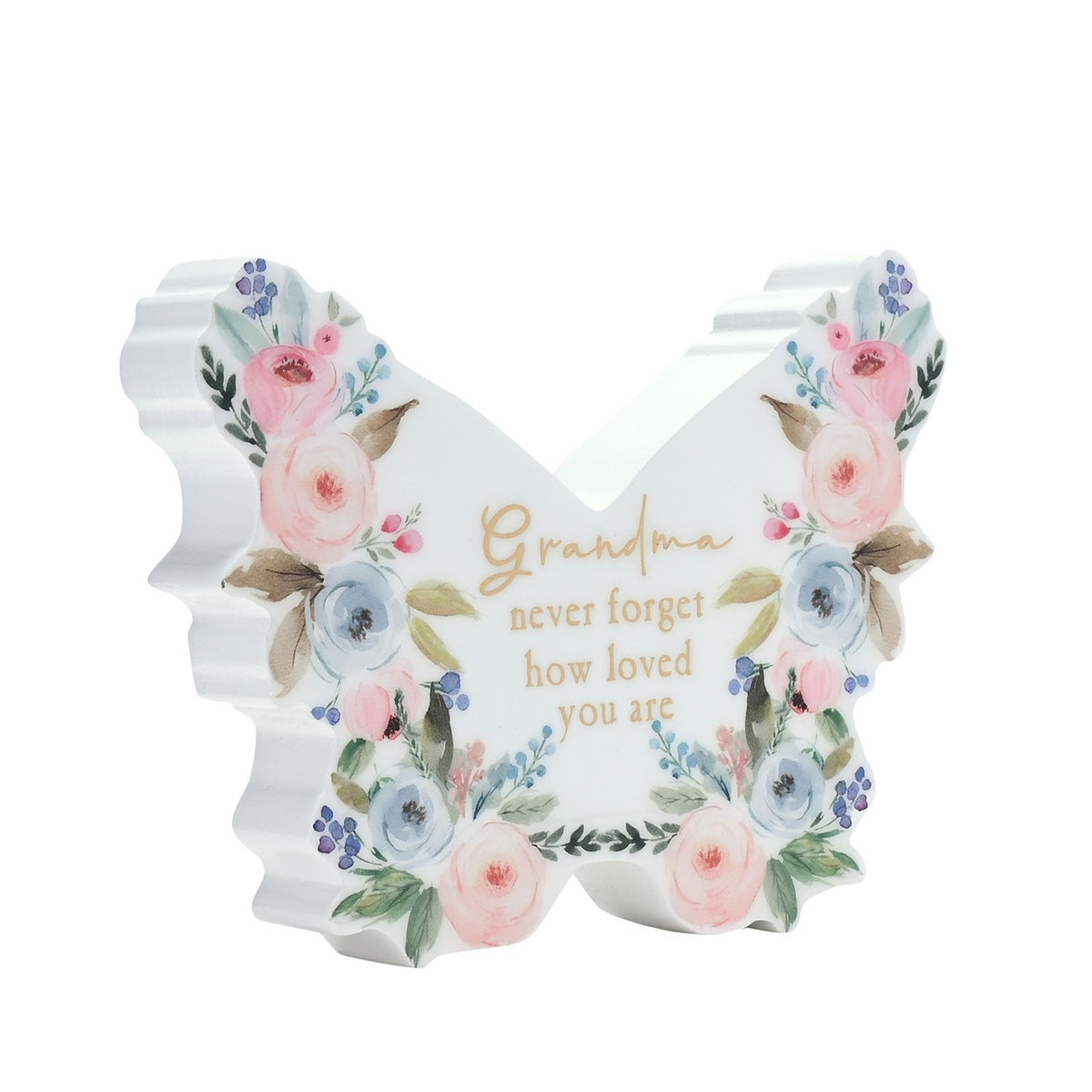 White wooden butterfly-shaped mantel decoration with pastel floral edging and gold "Grandma never forget how loved you are" text, glossy finish, on a plain white background.