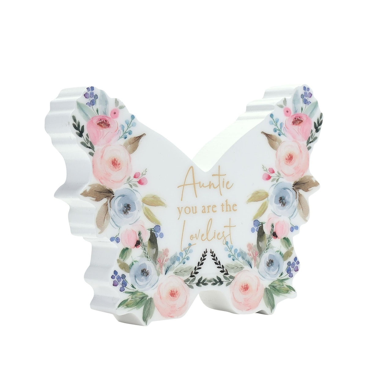Auntie Floral Butterfly Wooden Mantel Decoration - White