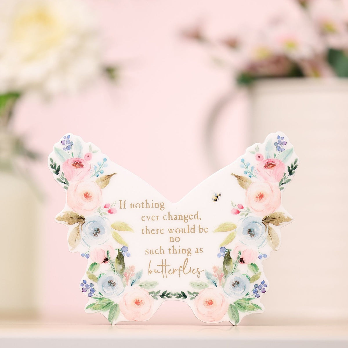 Change Floral Butterfly Wooden Mantel Decoration - White