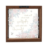 Square glass plaque in a brown wood frame, with gold "Be Yourself" lettering, pastel pink and blue florals, and two bees, shown against a white background.