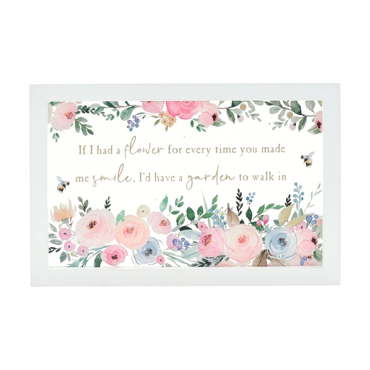 Flower and Bee Quote Framed Rectangular Glass Plaque - White