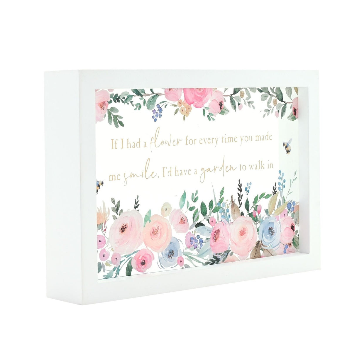 Flower and Bee Quote Framed Rectangular Glass Plaque - White