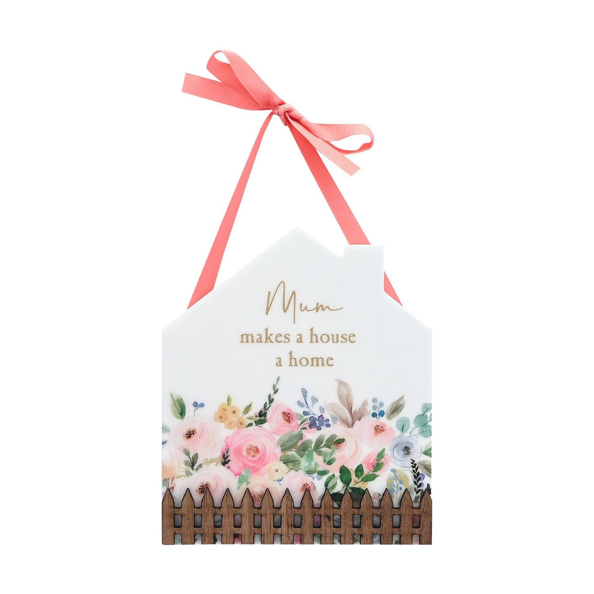 Mum Floral Home Hanging Plaque with Wooden Fence - White