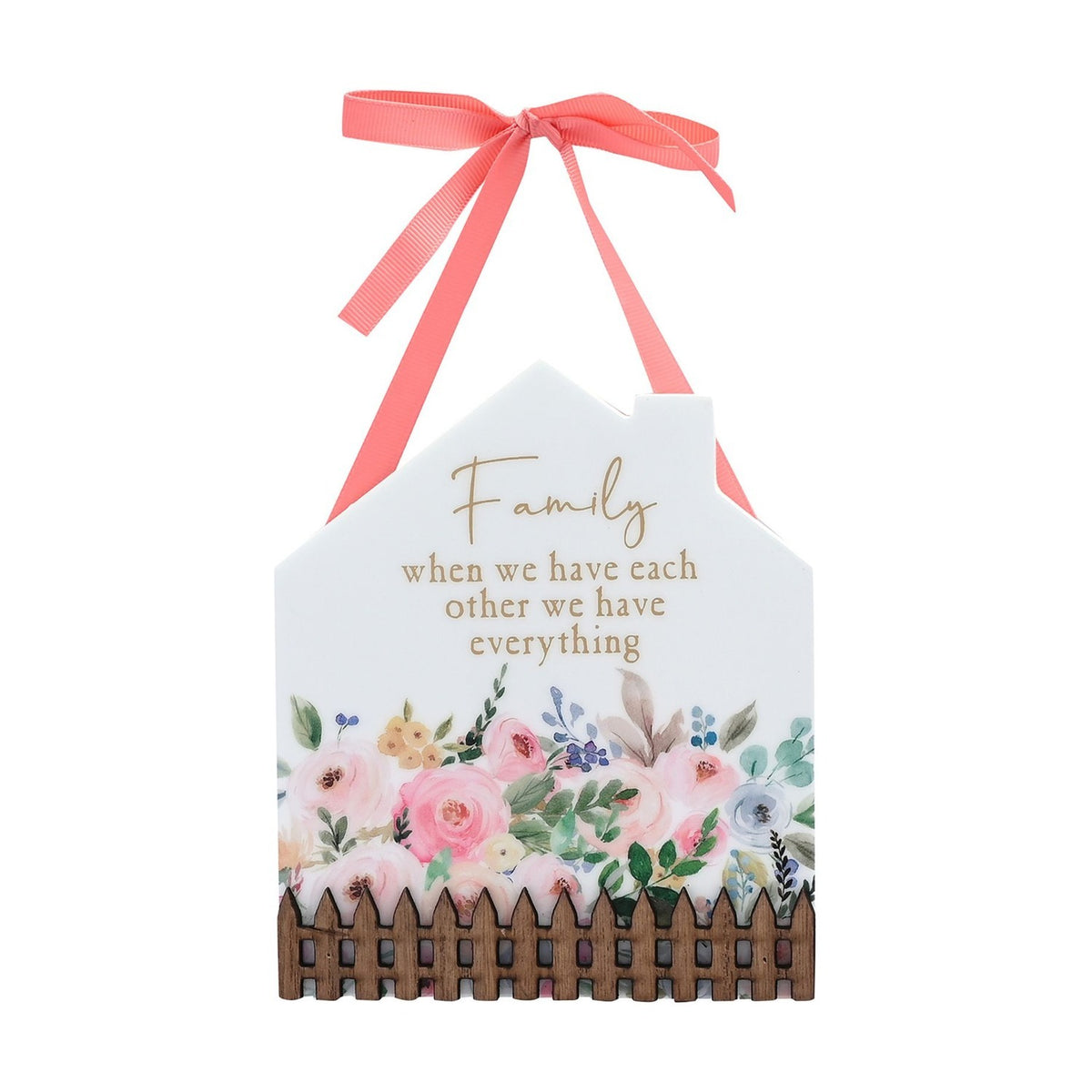 Family Floral Home Fence Wooden Plaque with Ribbon - White