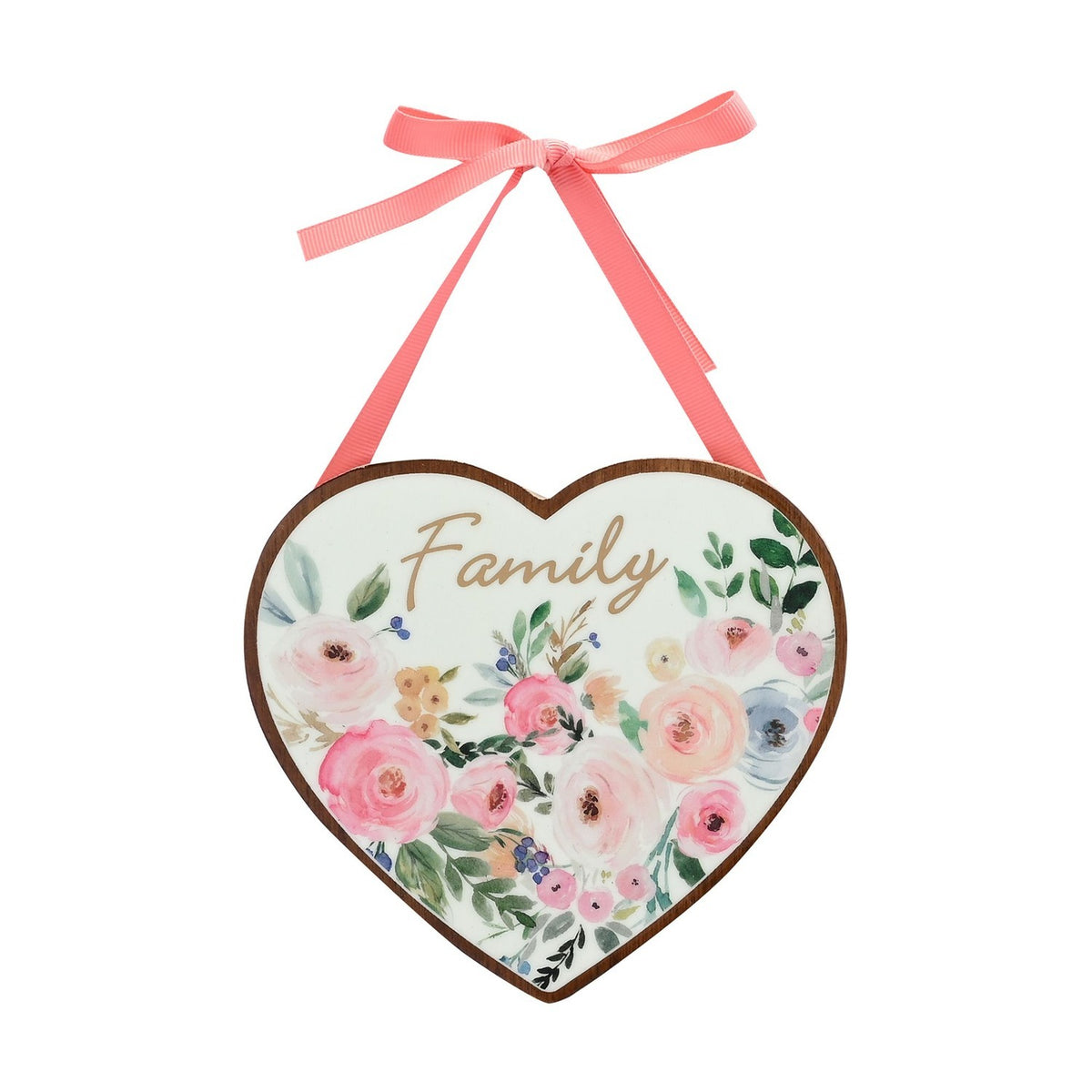 Family Floral Heart Wooden Hanging Plaque with Bow - White