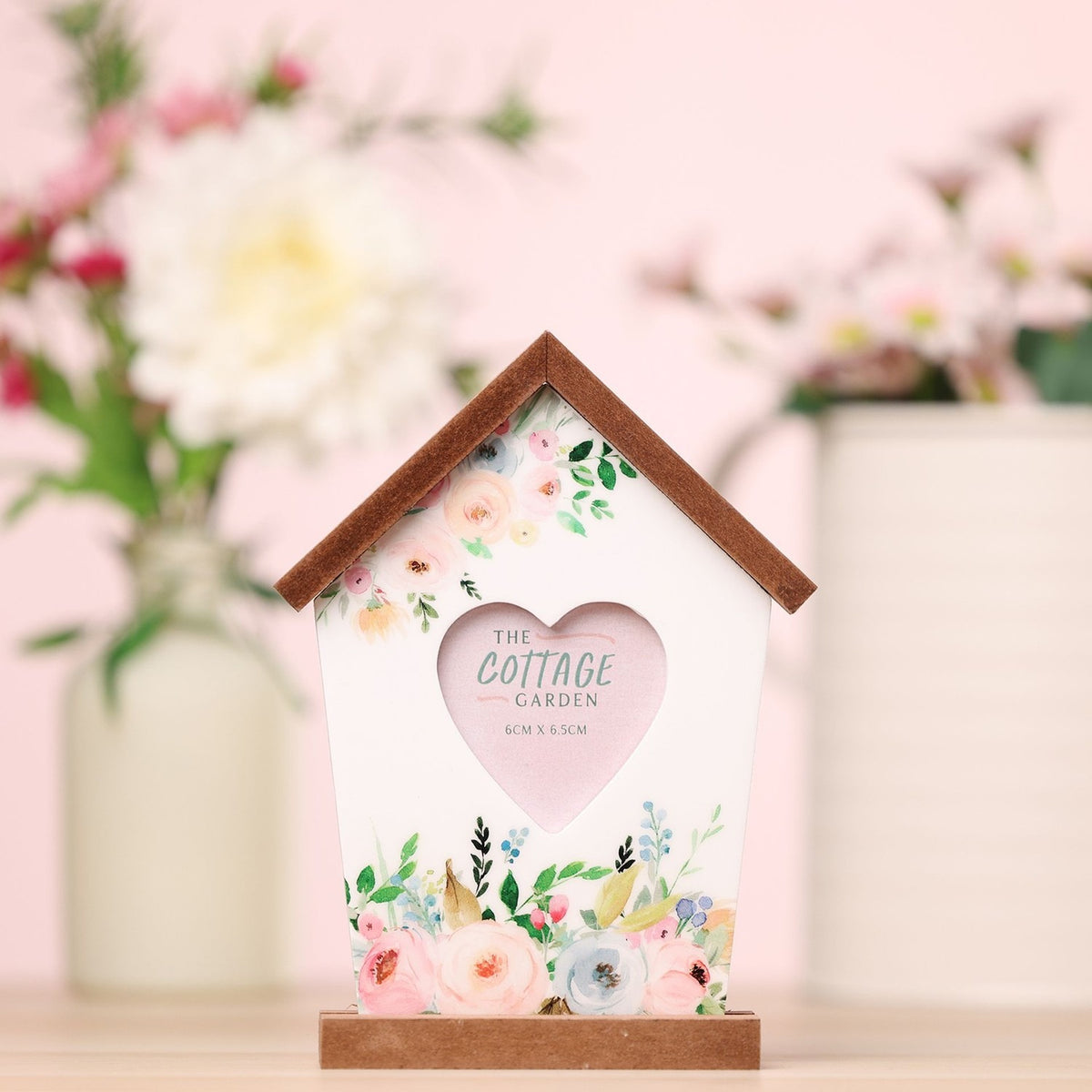 Floral Birdhouse Heart Wooden Photo Frame with Stand - White