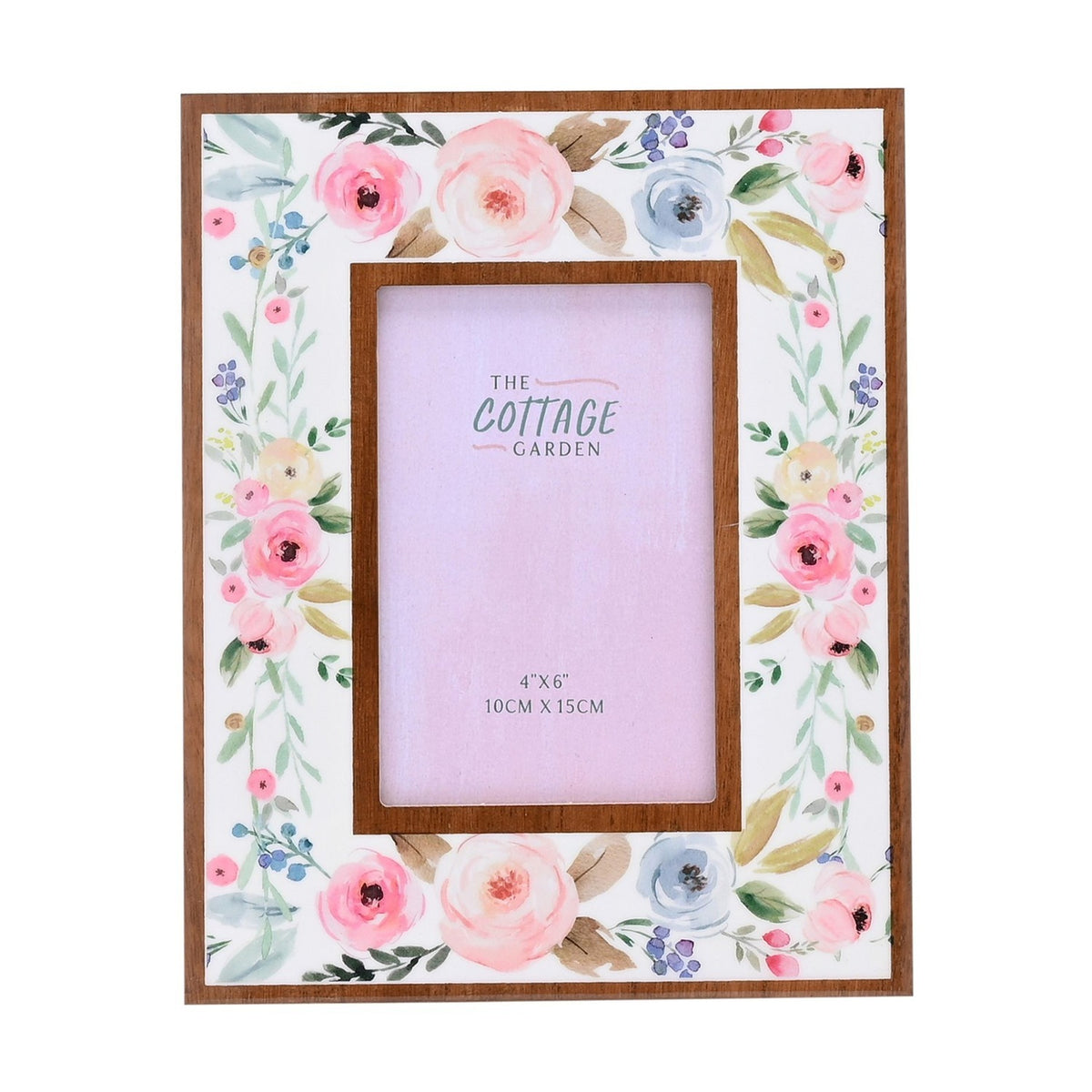 Rectangular wooden photo frame with white face featuring watercolour-style pink, peach, blue and green floral border, raised wood-tone inner frame holding a 4x6in photo, on a plain white background.