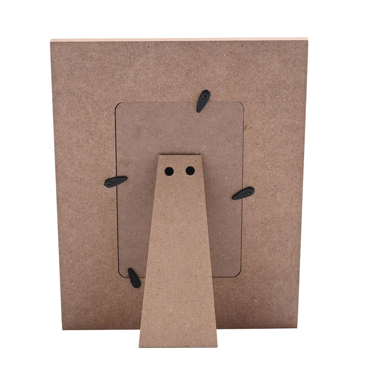 Rear view of the wooden 6 x 4in photo frame showing MDF backing, rectangular photo opening, foldout triangular stand, and black turn clips, on a white background.