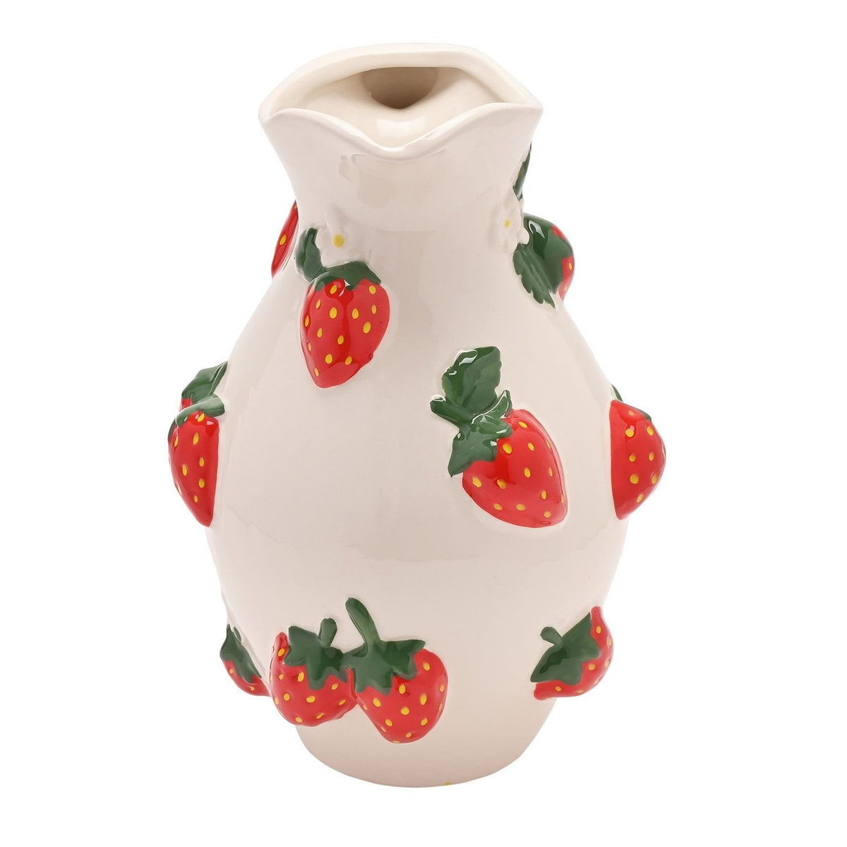 White stoneware jug vase with a wavy spouted lip and rounded belly, hand painted with raised red strawberries and green leaves on a soft white glaze.