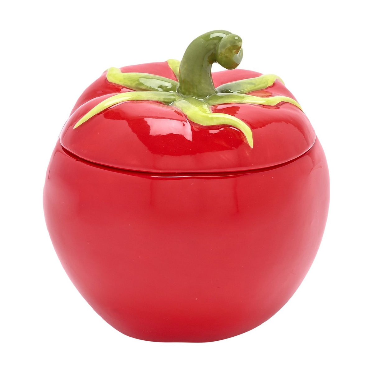 Tomato Lidded Stoneware Storage Jar with Green Stalk - Red